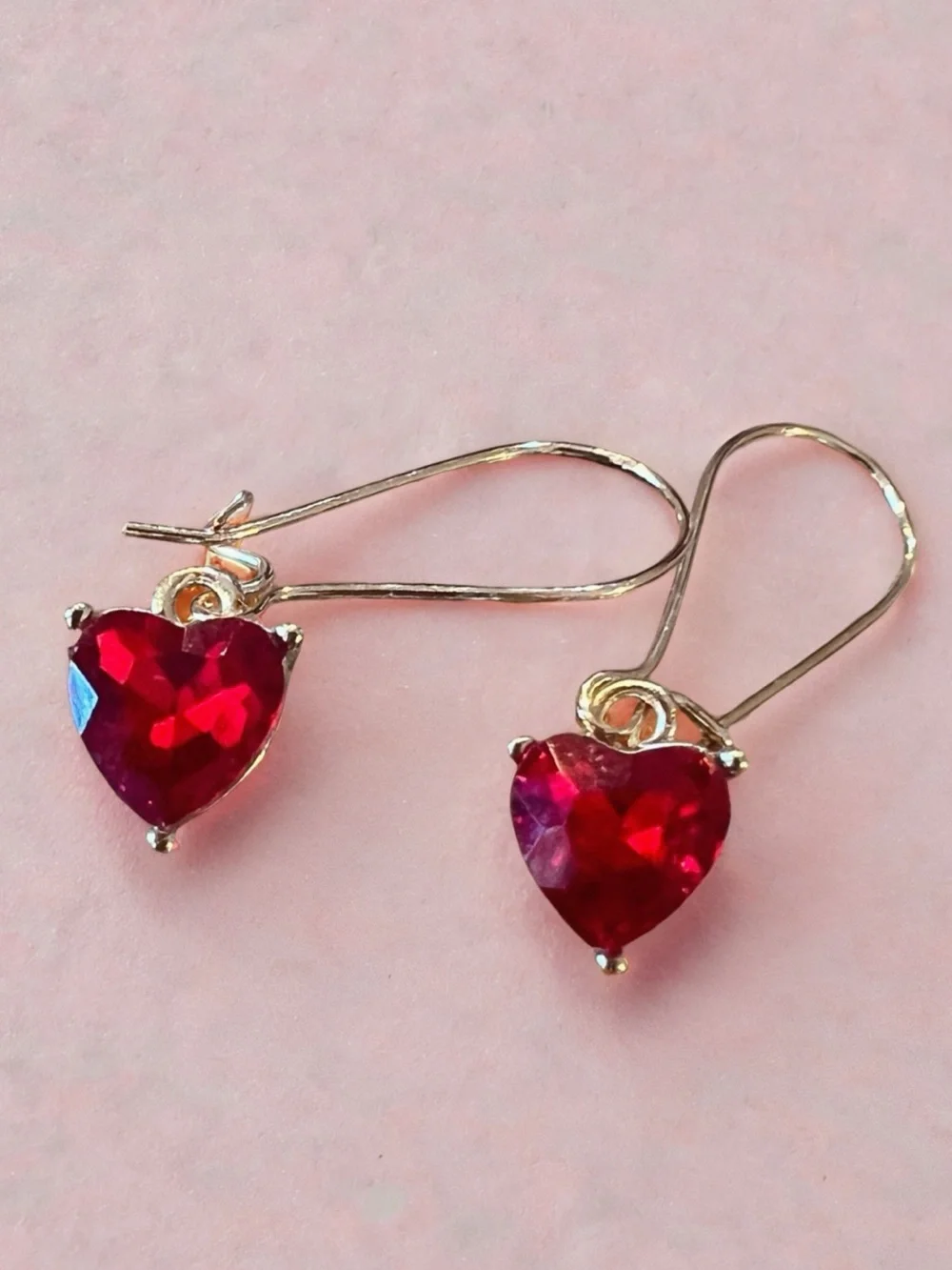 Gold Hook Earrings with Glass Faceted Red Hearts